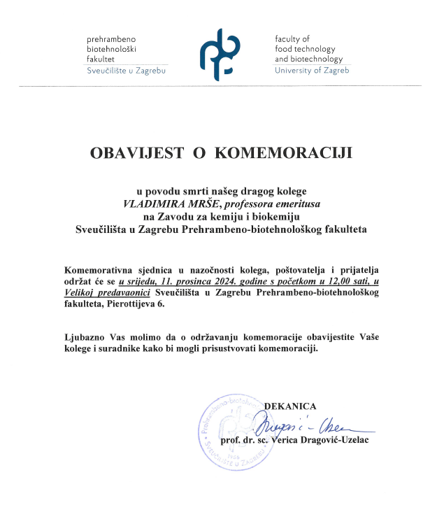 Obavijest o komemoraciji – prof. emeritus Vladimir Mrša